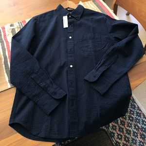 J Crew seersucker navy blue button up  NEW